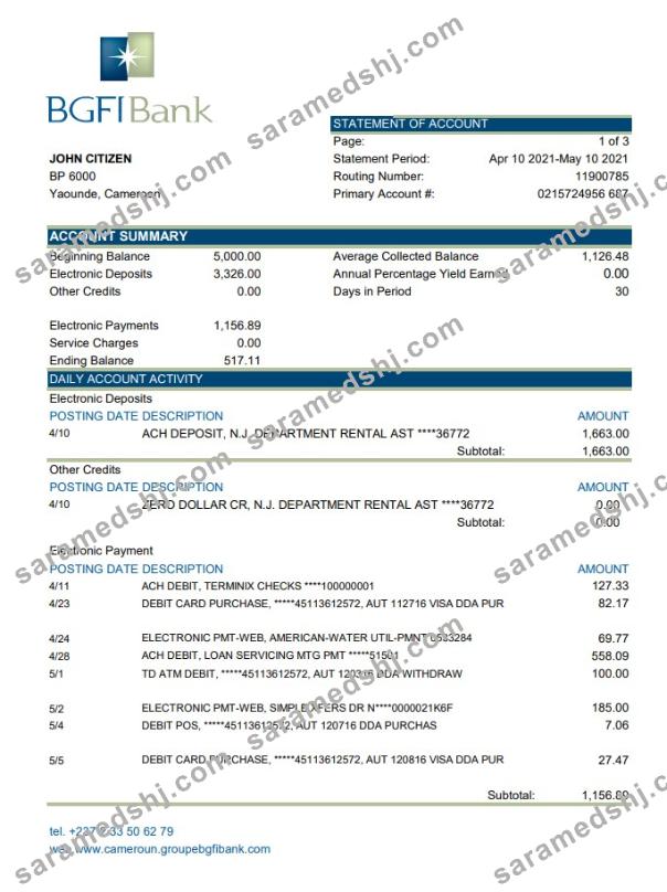 Cameroon BGFI bank statement easy to fill template in Excel and PDF format